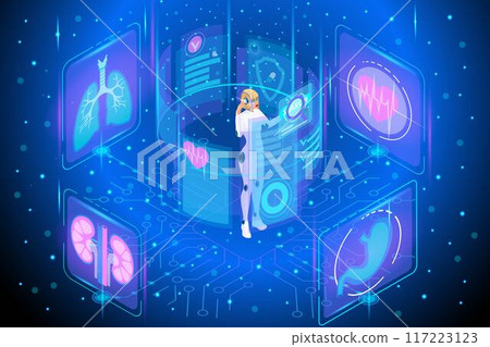 Isometric illustration of patient data management using artificial intelligence in the form of a beautiful girl 117223123