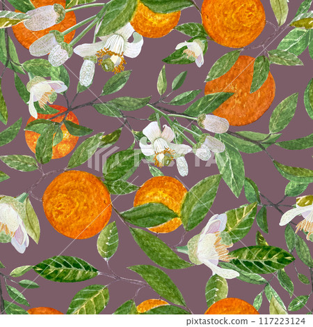 Orange branches with fruits, flowers, buds and leaves watercolor seamless pattern on purple. Hand-painted illustration captures the essence of nature, perfect for home decor, scented candles, textile 117223124