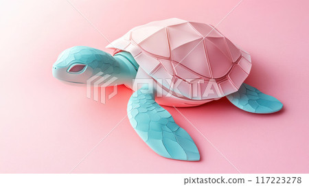 This is an artistic Geometric Turtle Design set against a vibrant Pink Background 117223278