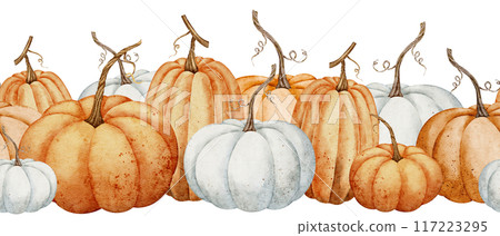 Pumpkin seamless border. Watercolor illustration of seamless pattern with autumn orange and white gourds on isolated background. Fall ornament for harvest festival or Halloween greeting cards. 117223295