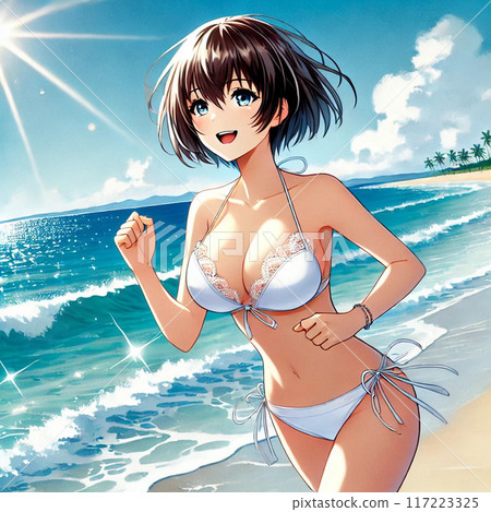 美麗的女人在夏日海灘上奔跑 117223325