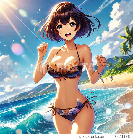 一個美麗的女人在海邊微笑 117223328