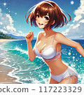 一個美麗的女人帶著微笑沿著海灘奔跑 117223329