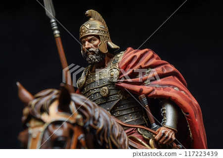 A valiant Carthaginian general commands his horse, clad in intricate armor and a vibrant cloak, embodying the spirit of ancient warfare. 117223439