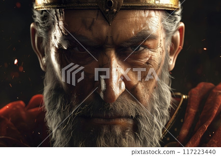 A fierce Carthaginian general exudes authority and determination, rallying his forces for an epic battle amidst smoke and chaos. 117223440