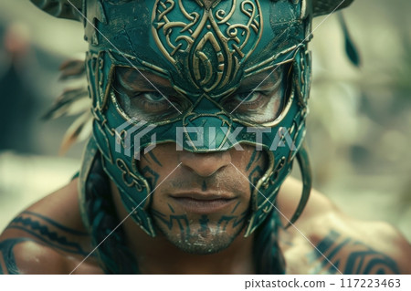 A fierce Celtic warrior adorned with intricate armor and tribal tattoos, stands ready for battle in a misty, atmospheric landscape. 117223463