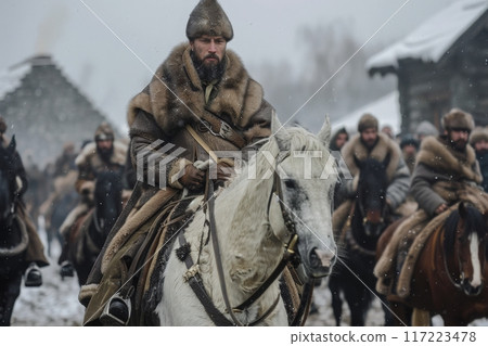 A valiant Cossack warrior on a white horse leads a group of riders through a snowy village, showcasing strength and camaraderie. 117223478