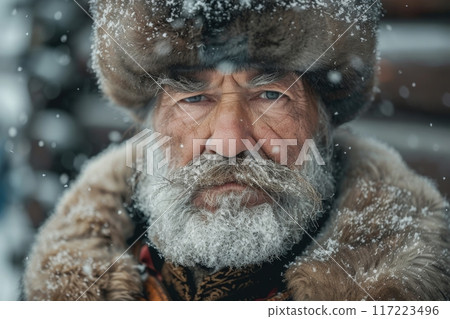 A rugged Cossack warrior adorned in fur stands resolute as snowflakes dance around him, embodying strength and tradition in a stark winter backdrop. 117223496