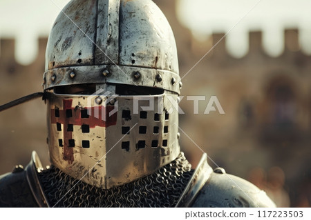 A fierce warrior clad in gleaming armor stands resolutely, ready for the impending conflict as the sun rises in the background. 117223503
