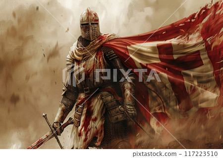 A fierce crusader warrior stands resolute, wielding a sword, with a tattered flag billowing behind amidst swirling chaos and dust. 117223510