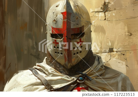 A stoic warrior clad in battle armor, adorned with a red cross, stands vigilant amidst weathered stone ruins as dusk settles around him. 117223513