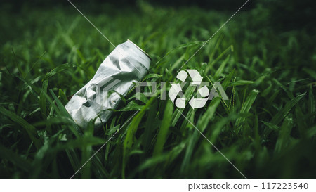 Recycling aluminum cans, aluminum trash cans on the lawn Recycling aluminum cans, aluminum trash cans on the lawn 117223540