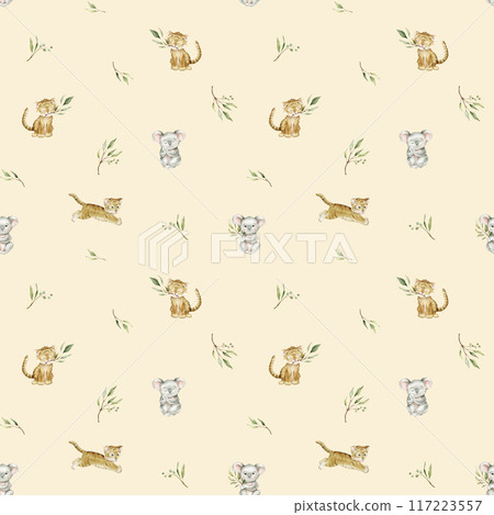 Seamless pattern with green eucalyptus leaves and cute tiger and koala. Watercolor isolated illustration on light orange background. Cartoon kids print with animals minimalist scandinavian style. 117223557