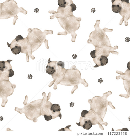 Seamless pattern of animal dogs and paws for kids. Hand drawn illustration of pug running or jumping on isolated background. Minimalist Scandinavian style. Cute pets for kids post or stickers 117223558