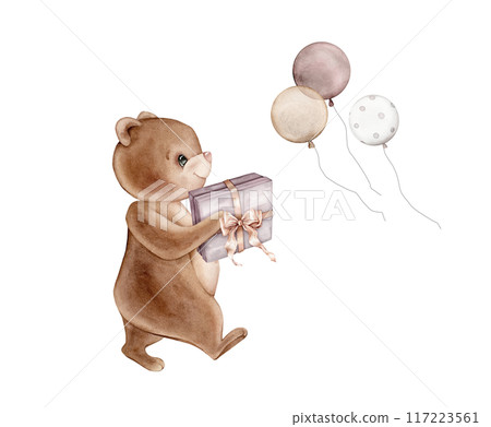 Teddy Bear and gift watercolor illustration. Hand drawn sketch of little cute animal and balloon in pastel colors for Baby shower invitations for birthday greeting cards. Drawing for childish design. 117223561