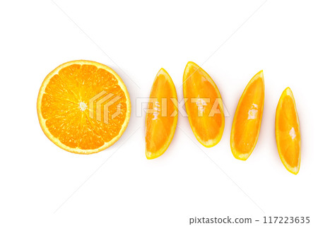 Orange slices isolated on white background. Top view. Orange slices isolated on white background. Top view. 117223635