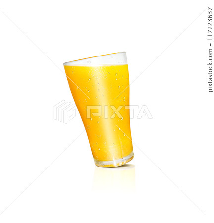 A glass of orange juice has orange pulp mixed on a white background. with reflections of orange glass A glass of orange juice has orange pulp mixed on a white background. with reflections of orange glass 117223637