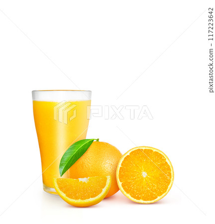 100% orange juice glass with oranges and orange slices isolated on white background 100% orange juice glass with oranges and orange slices isolated on white background 117223642