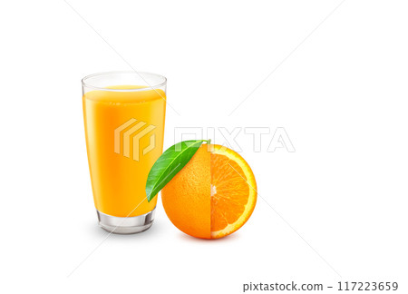 Orange juice glass with tangerines cut in half and green leaves isolated on white background. Orange juice glass with tangerines cut in half and green leaves isolated on white background. 117223659