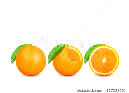 Full orange. Orange cut in half and green leaves isolated on white background. Full orange. Orange cut in half and green leaves isolated on white background. 117223661