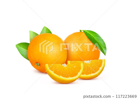 Oranges and oranges cut into pieces with green leaves isolated on white background 117223669
