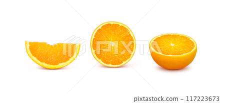 Ripe mandarin oranges, halved, isolated mandarin oranges on a white background. Ripe mandarin oranges, halved, isolated mandarin oranges on a white background. 117223673