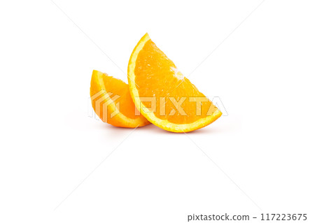 Sliced orange, front view on white background. 117223675