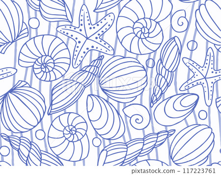 Bright seamless pattern with various blue shells and starfish on a white background. Image on a marine theme. 117223761