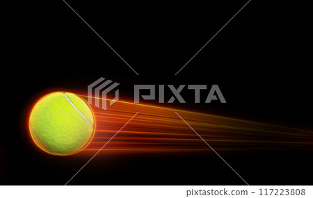 Tennis ball flying with fast magic effect in black background orange flame. Tennis ball flying with fast magic effect in black background orange flame. 117223808