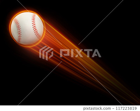 Baseball ball flying with fast magic effect in futuristic hi-tech black background. Baseball ball flying with fast magic effect in futuristic hi-tech black background. 117223819