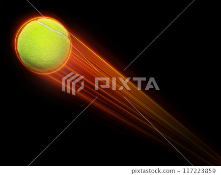 Tennis ball flying with fast magic effect in futuristic hi-tech black background. Tennis ball flying with fast magic effect in futuristic hi-tech black background. 117223859