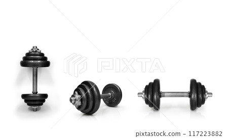 Metal dumbbells. Isolated on white background. Gym, fitness and sports equipment symbol. Area for entering text 117223882