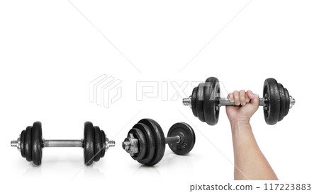 Metal dumbbells. Isolated on white background. Gym, fitness and sports equipment symbol. Area for entering text 117223883