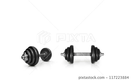 Metal dumbbells. Isolated on white background. Gym, fitness and sports equipment symbol. Area for entering text 117223884
