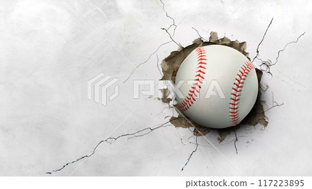 A baseball hits through a cement wall. concept of strength A baseball hits through a cement wall. concept of strength 117223895