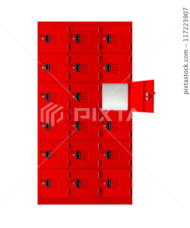 Deposit red locker boxes or gym lockers inside of a room with one opened door 117223907