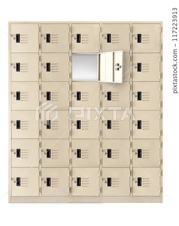 Deposit locker boxes or gym lockers inside of a room with one central opened door Deposit locker boxes or gym lockers inside of a room with one central opened door 117223913