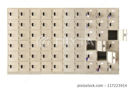 Row of locker boxes or gym lockers inside a room Row of locker boxes or gym lockers inside a room 117223914