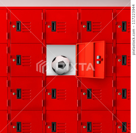 Soccer ball in red locker or gym locker in room 117223944
