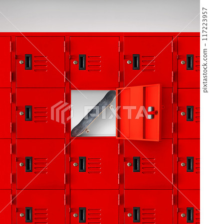 Skateboard in red locker inside gym 117223957