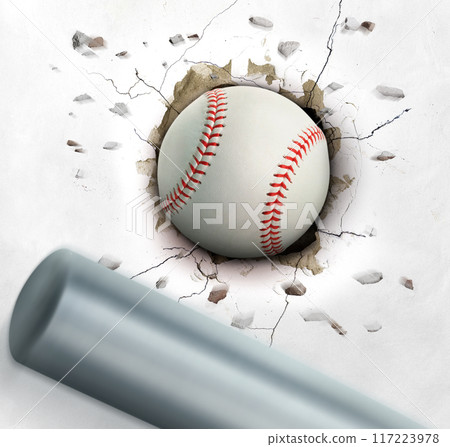 A baseball bat hits the ball through the cement wall. concept of strength A baseball bat hits the ball through the cement wall. concept of strength 117223978
