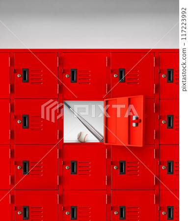 Baseball with bat inside a red locker with an open lid inside a gymnasium. Baseball with bat inside a red locker with an open lid inside a gymnasium. 117223992