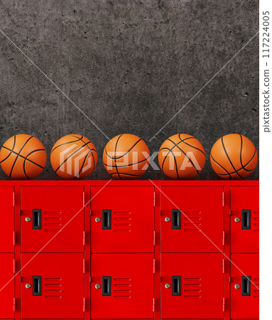 A basketball on a red cabinet with an old cement background. A basketball on a red cabinet with an old cement background. 117224005