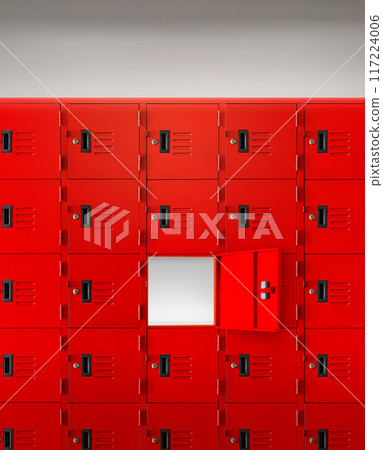 Deposit red locker boxes or gym lockers inside of a room with one central opened door 117224006