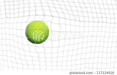 tennis ball into the net Isolated on a white background 117224026