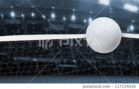 Volleyball caught on the edge of the net There is a stadium background. 117224038