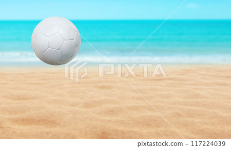 Beach landscape with soccer ball, summer season and water and blue sky background. Beach landscape with soccer ball, summer season and water and blue sky background. 117224039