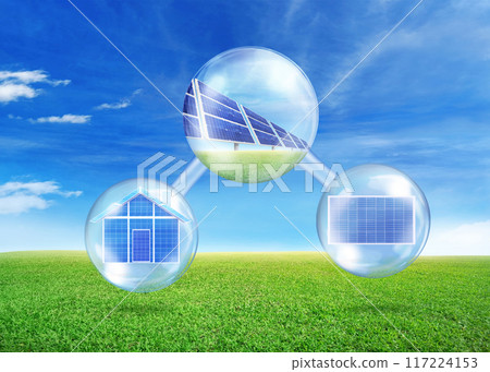 Solar panels on blue sky, solar power plant, blue solar panels, renewable energy source, solar farm in molecular view 117224153
