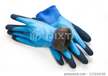 Warm winter rubberized gloves with fur, white background 117224230
