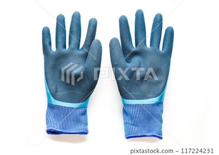 Warm winter rubberized gloves with fur, white background 117224231